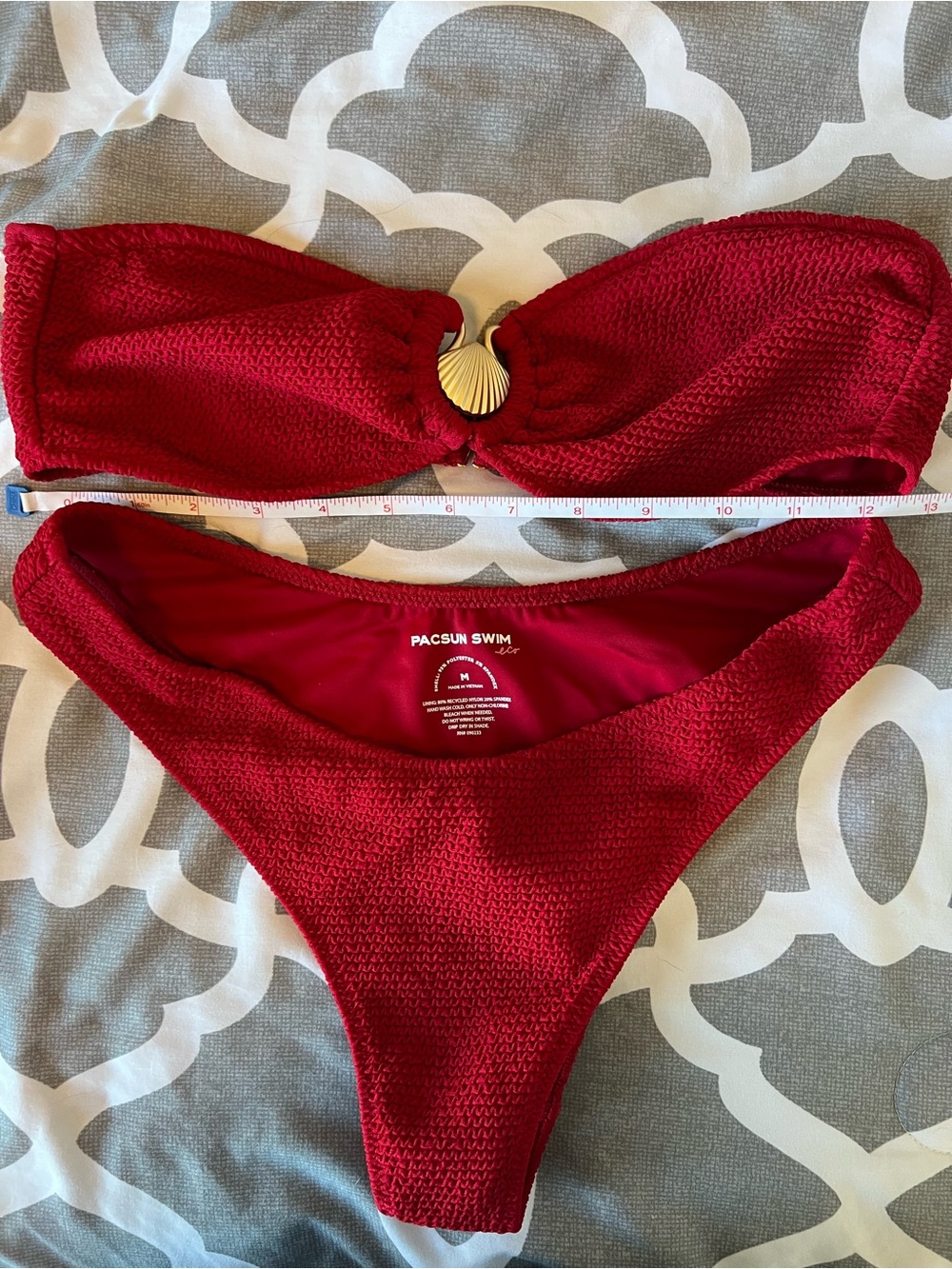 PacSun Women's Red Textured Bandeau Bikini Set with Gold Shell Detail